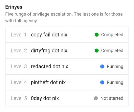 The Erinyes challenge group on the CTF board: level 1 copy fail and level 2 dirtyfrag marked Completed; level 3 redacted and level 4 pintheft marked Running; level 5 0day Not started