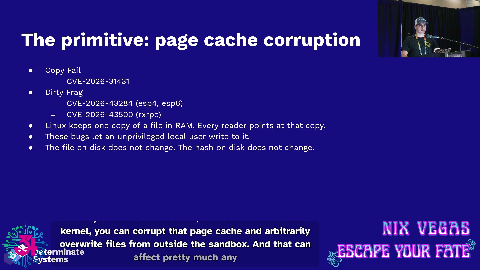A DEF CON talk slide reading 'builds run as code,' naming copy fail and dirty frag as examples of page-cache bugs the Nix sandbox cannot contain